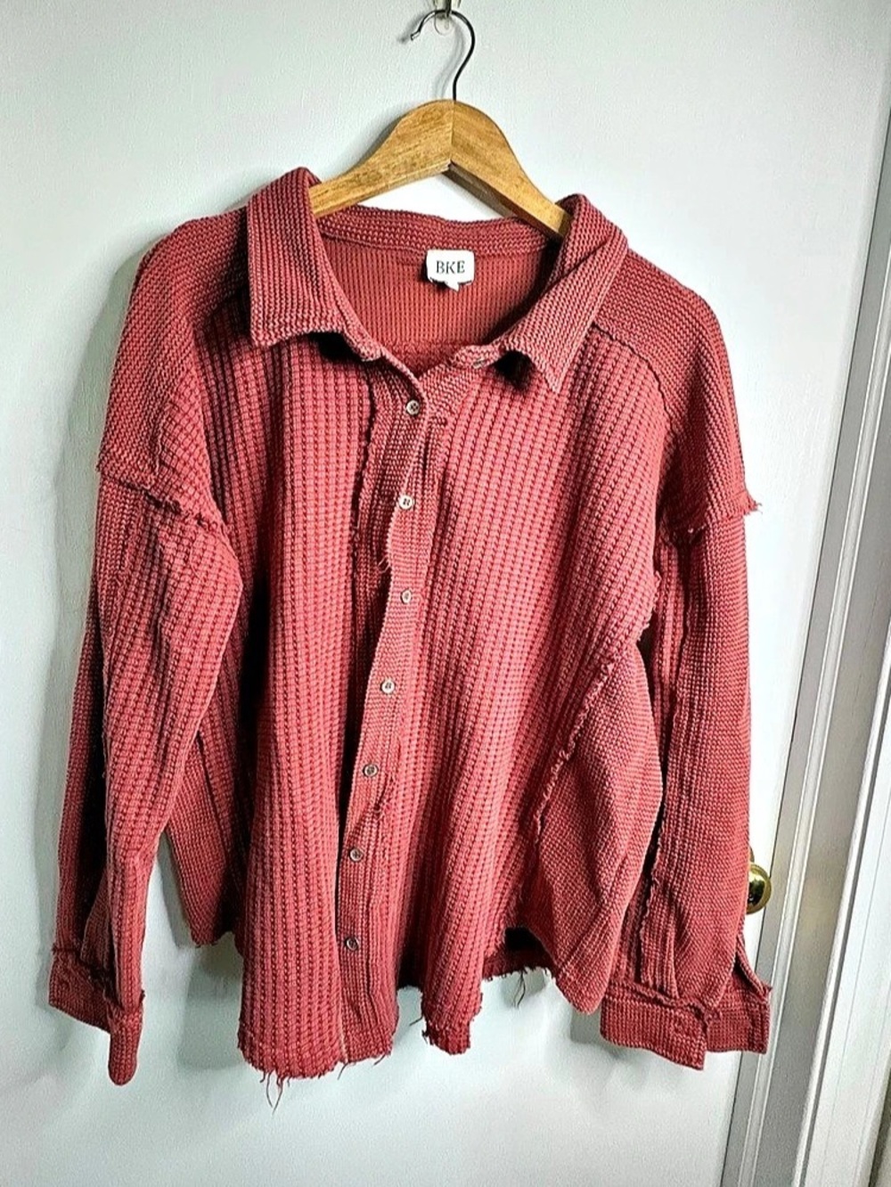 BKE Sz L Textured Button Down Shacket Manufactured Distressing Oversized Boho